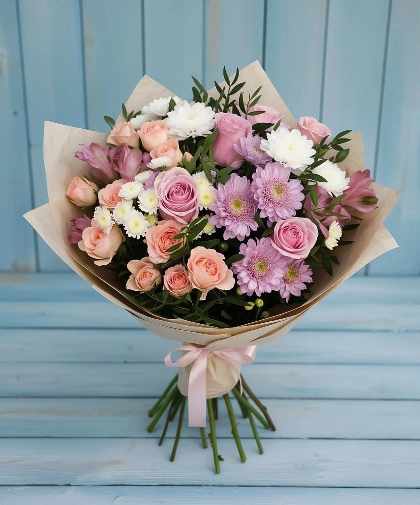 Букет цветов из: Хризантемы, Розы и Альстромерии в Рязановский