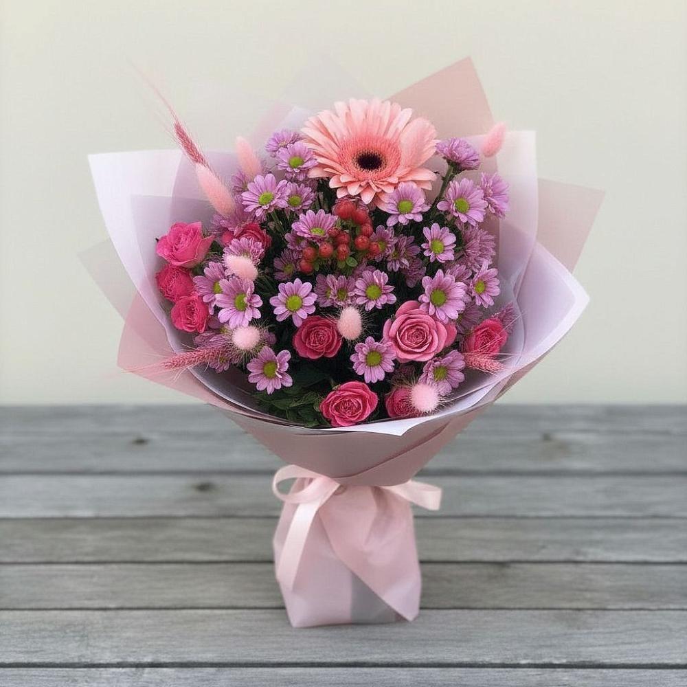 Букет цветов из: Розы, Герберы и Хризантемы в Рязановский